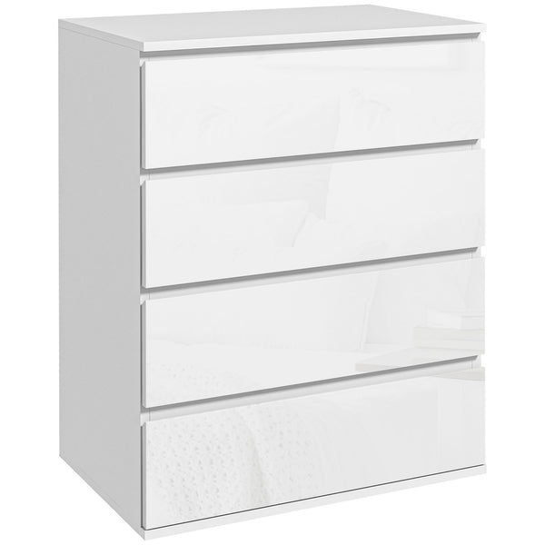 Commode 4 tiroirs, finition brillante, avec glissières métalliques et poignées rainurées, blanc