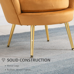Fauteuil d'appoint lotus en tissu velours avec pieds en métal doré, jaune