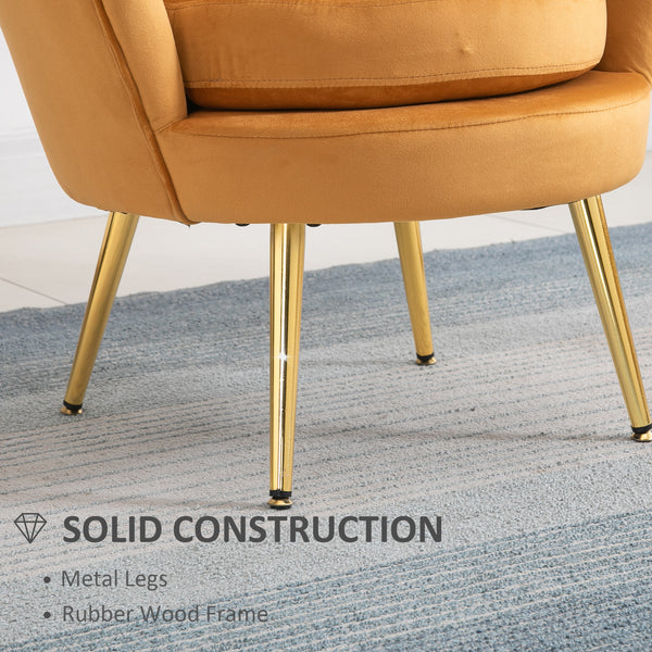 Fauteuil d'appoint lotus en tissu velours avec pieds en métal doré, jaune