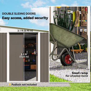 Abri de jardin en acier gris avec double porte coulissante et 2 aérations
