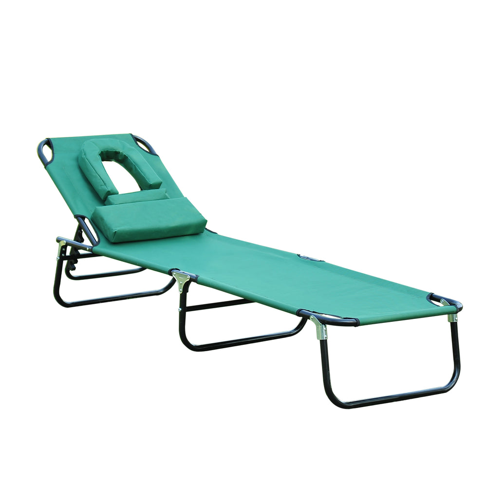 Chaise longue pliante d'extérieur inclinable avec ouverture pour le visage, coussin amovible, dossier réglable en 3 positions, verte