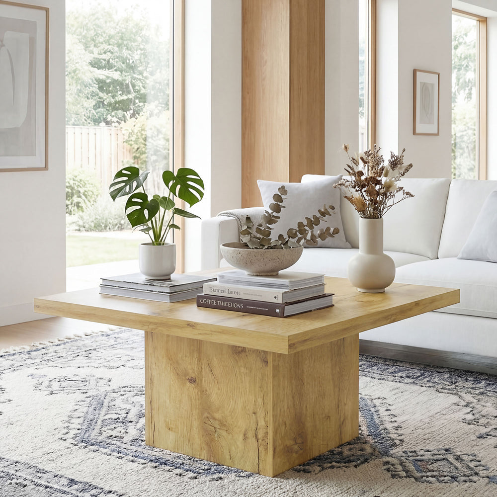 Table basse carrée avec plateau de 4 cm d'épaisseur, bois naturel