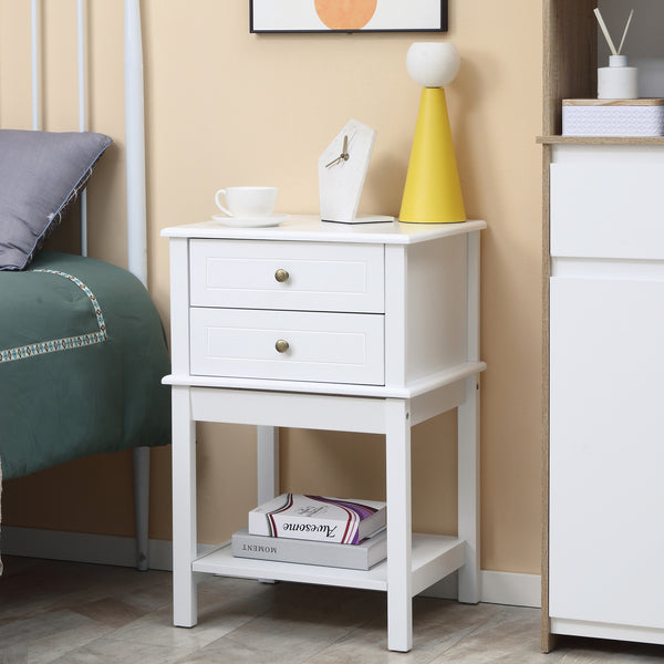 Table d'appoint moderne avec tiroirs et étagère de rangement, blanche