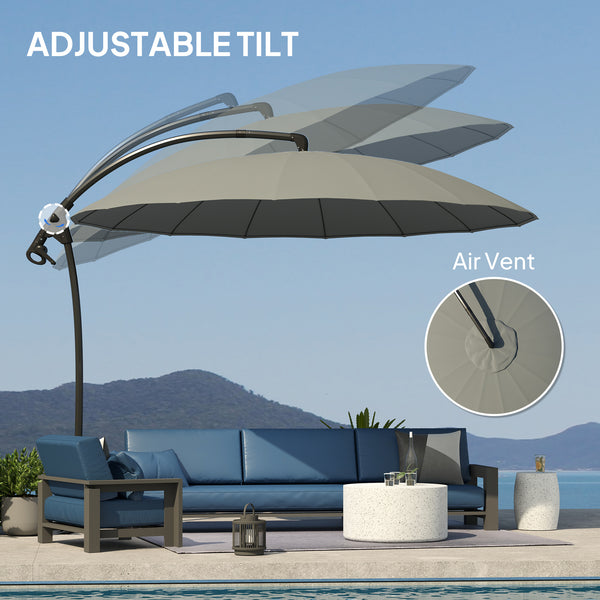 Parasol déporté 2,7 m avec 16 baleines en fibre de verre, parasol suspendu décalé, parasol de terrasse avec manivelle et base croisée, gris