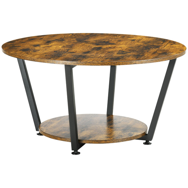 Table basse ronde à 2 niveaux avec étagère de rangement, marron rustique