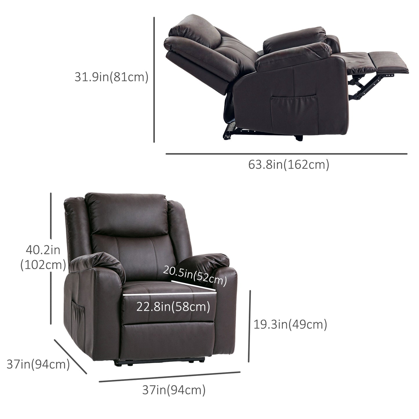 Fauteuil inclinable en similicuir avec repose-pieds et 2 poches latérales, marron