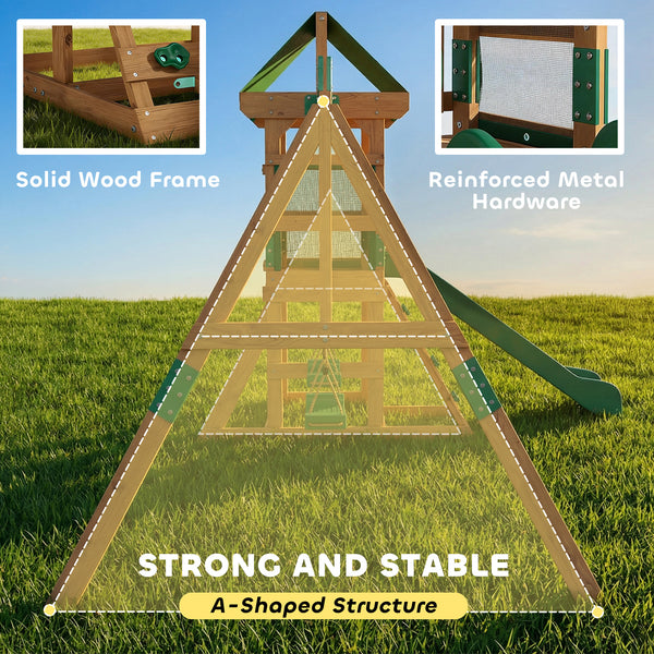Structure de jeux extérieure avec toboggan, 2 balançoires, mur d'escalade et terrasse couverte, aire de jeux extérieure pour enfants