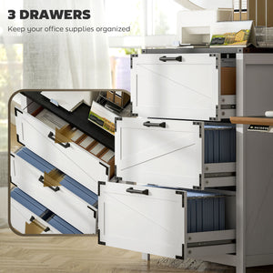 Classeur 3 tiroirs de style campagnard avec barres de suspension réglables pour format lettre, A4, légal, blanc