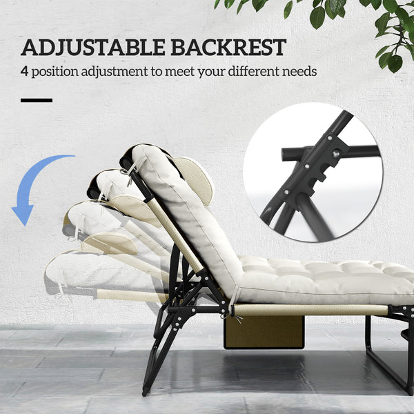 2-Piece Folding Lounge Chairs with Adjustable Backrest, Tanning Chair with Cushion, Side Pocket, Headrest, Beige