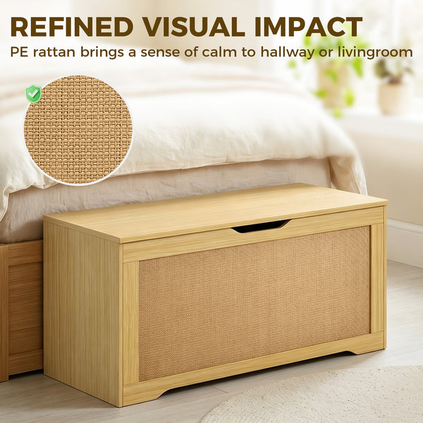 Coffre de rangement de 35,9 gal avec façade en rotin et couvercle à fermeture lente – Chêne