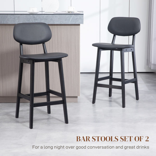 Set of 2 faux leather bar stools with solid wood legs, black
