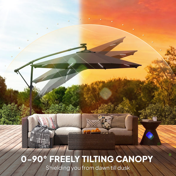 Parasol déporté de 3 m avec éclairage solaire avec rotation à 360°, inclinaison et housse de protection, noir