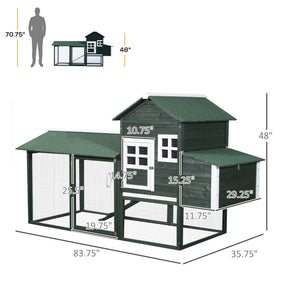 84" Wooden Chicken Coop with Nest Box and Run, Green