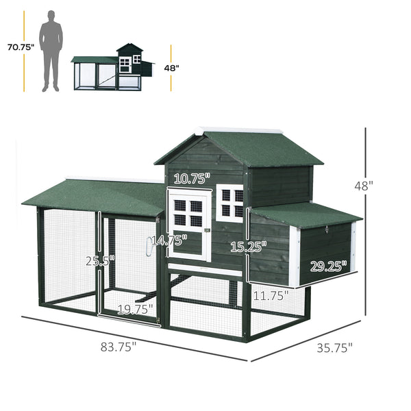 84" Wooden Chicken Coop with Nest Box and Run, Green