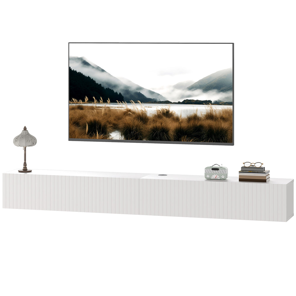 Meuble TV mural flottant 71" pour téléviseurs jusqu'à 72 pouces, console multimédia avec 2 portes abattantes cannelées, passe-câbles, blanc