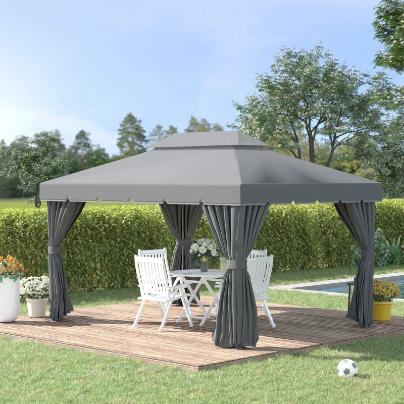 13' x 10' Patio Gazebo, Double Roof Outdoor Gazebo Canopy Shelter with Netting &amp; Curtains, Strong Aluminum Frame, Dark Gray