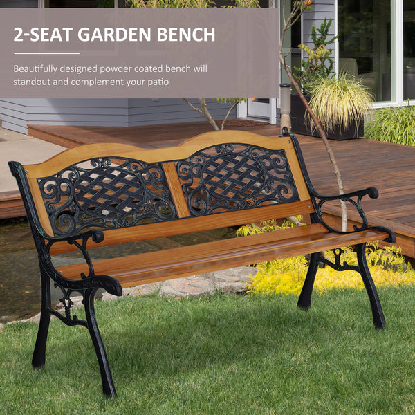 Two-seater outdoor garden bench, wooden and metal frame with a backrest adorned with plastic patterns, natural wood
