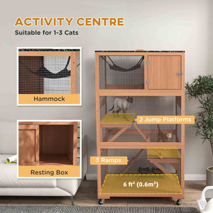 Cat enclosure on wheels with hammock and several resting platforms, beige