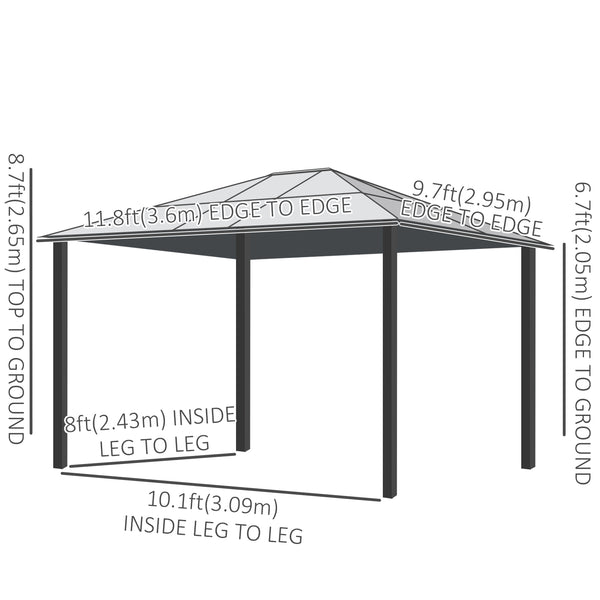 Gazebo 10' x 12' Toit rigide Imperméable, Pare-soleil avec parois latérales et moustiquaire