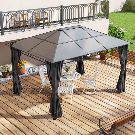 Outsunny 13' x 10' Rigid Polycarbonate Garden Gazebo with Aluminum Frame and Curtains, Dark Grey