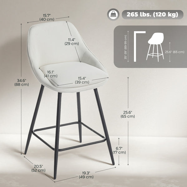 Ensemble de 2 tabourets de bar hauteur de comptoir, pivotants, rembourrés avec dossier, blanc crème
