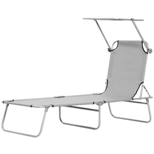 Folding and adjustable chaise longue with sunshade, white/grey 