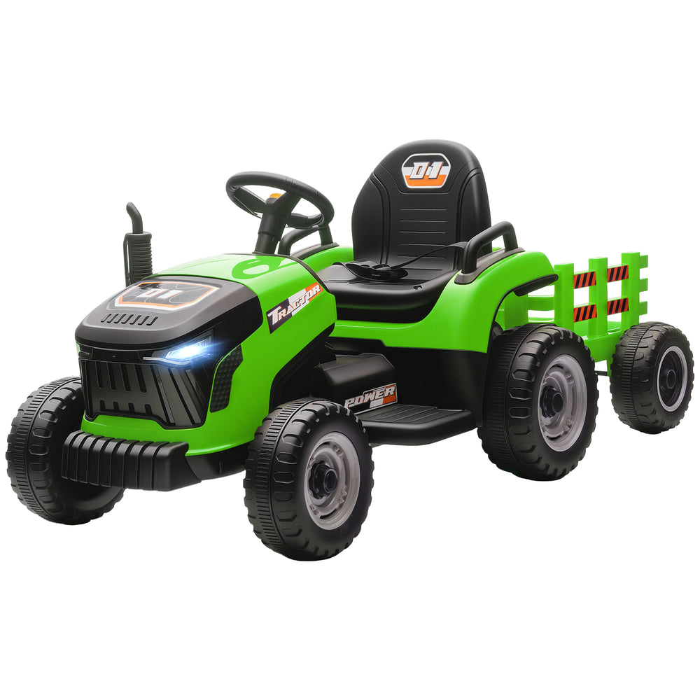 Tracteur 12 V vert avec remorque, télécommande, musique, lumières, levier de vitesse