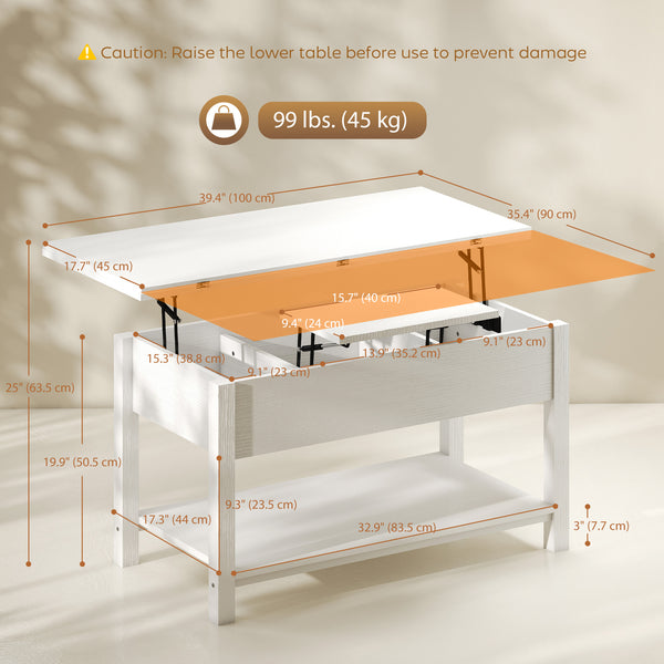Table basse relevable extensible avec double plateau et rangement intégré, blanc
