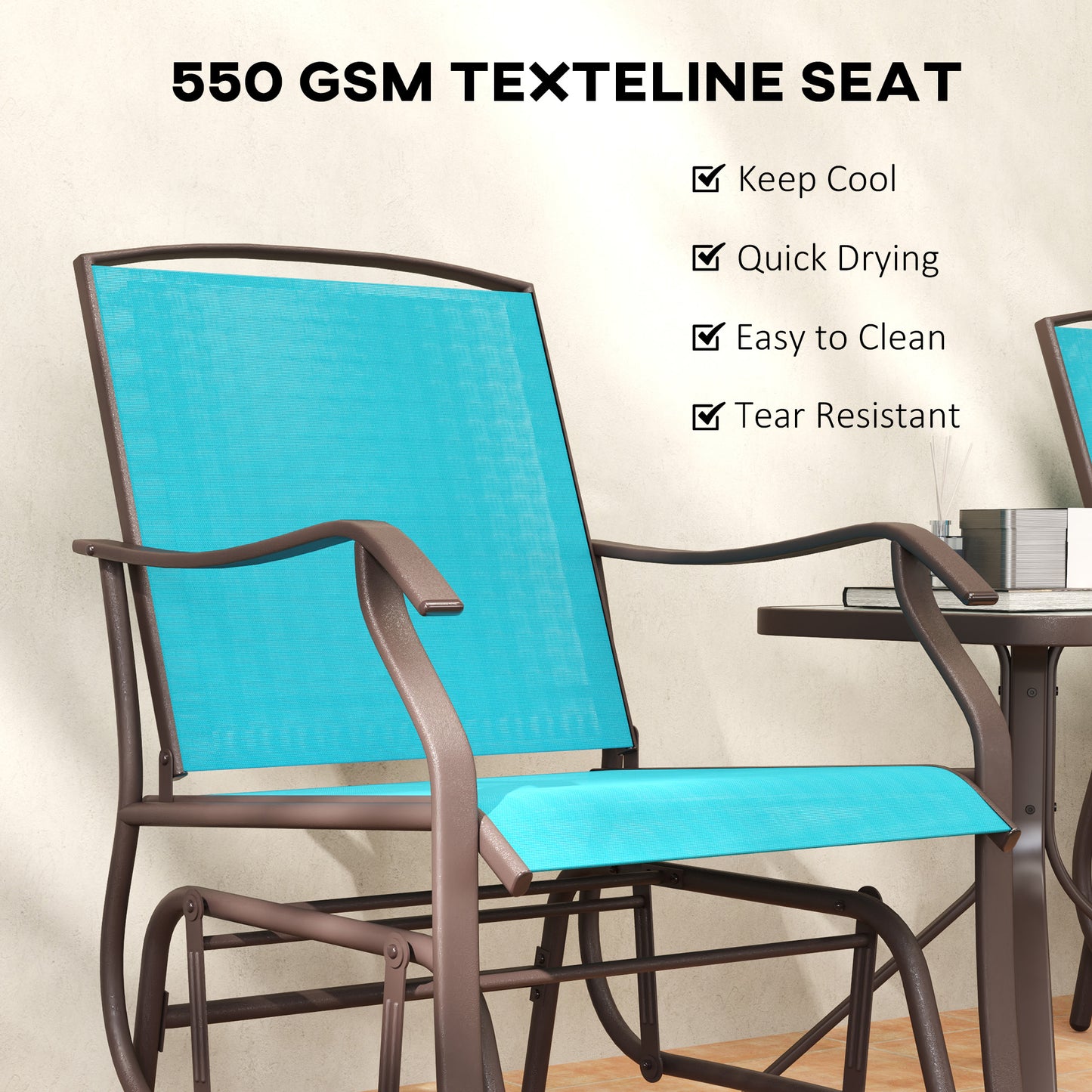 Ensemble de 3 chaises avec assise en maille respirante et table en verre, bleu