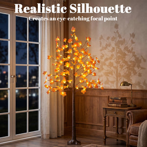 6FT Artificial Lighted Maple Tree with 96 LED Lights, Daily Timer, Fall Decoration with Bendable Branches
