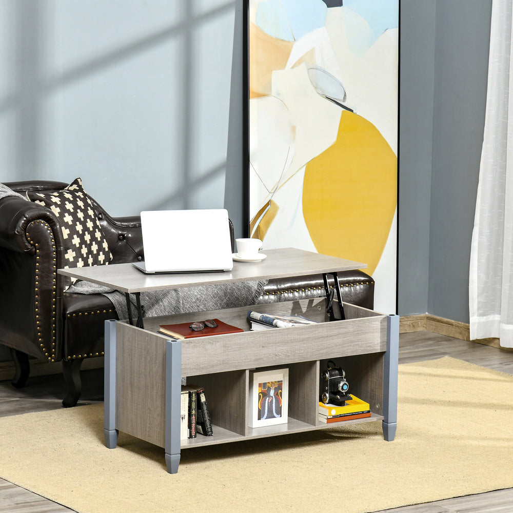 Table basse relevable avec compartiment dissimulé et 3 étagères inférieures gris