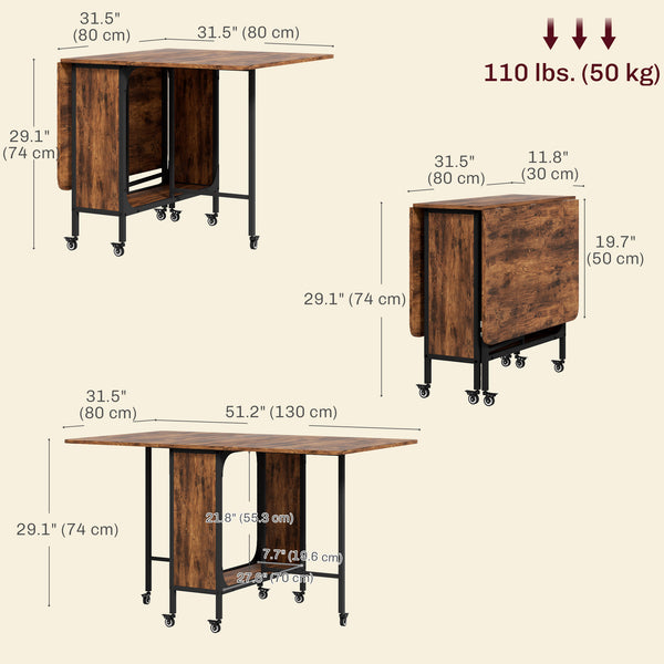 Table de salle à manger pliante avec étagère de rangement, marron rustique