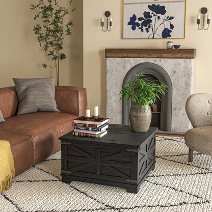 Table basse Farmhousemavec couvercles rabattables, compartiment de rangement dissimulé, noire