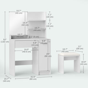 Coiffeuse avec miroir et tabouret, tiroir de rangement, blanc
