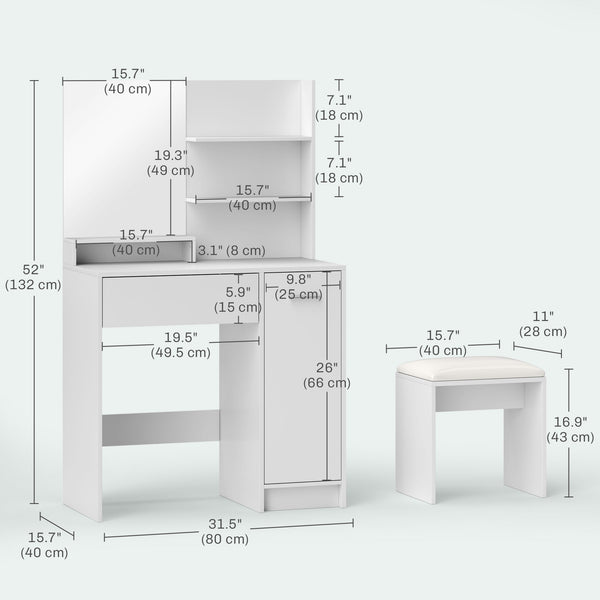 Coiffeuse avec miroir et tabouret, tiroir de rangement, blanc