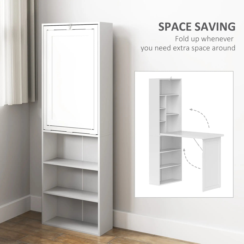 Bureau convertible pliable avec tableau blanc et étagère latérale, blanc