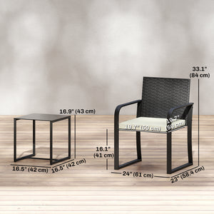 3-Piece Outdoor Wicker Bistro Set with Mesh Seating, Glass Top Table, and Cushions, Cream
