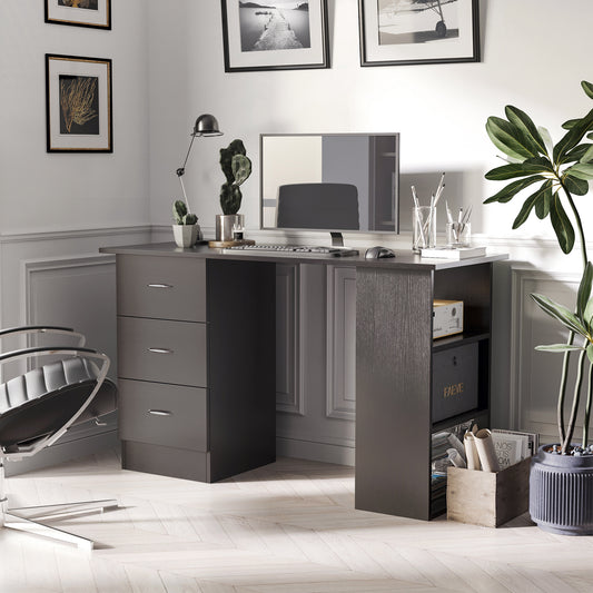 Bureau avec étagères de rangement à 3 niveaux avec tiroirs, noir