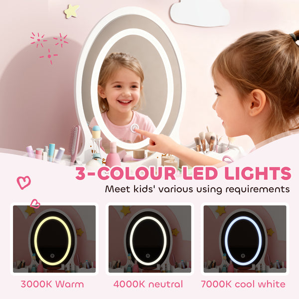 Coiffeuse pour enfants avec miroir, tabouret et lumières LED 3 couleurs, blanche