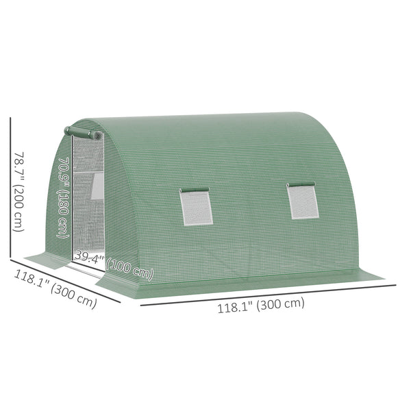 Heated tunnel greenhouse for plants with 4 windows and a zippered door