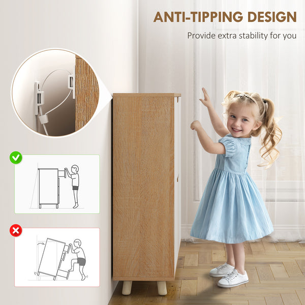 Narrow shoe cabinet for 16 pairs of shoes with 4 hinged drawers and adjustable shelves, natural color