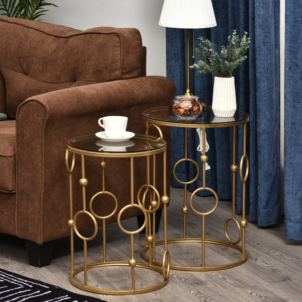 Lot de 2 tables basses rondes dorées avec plateau en verre trempé