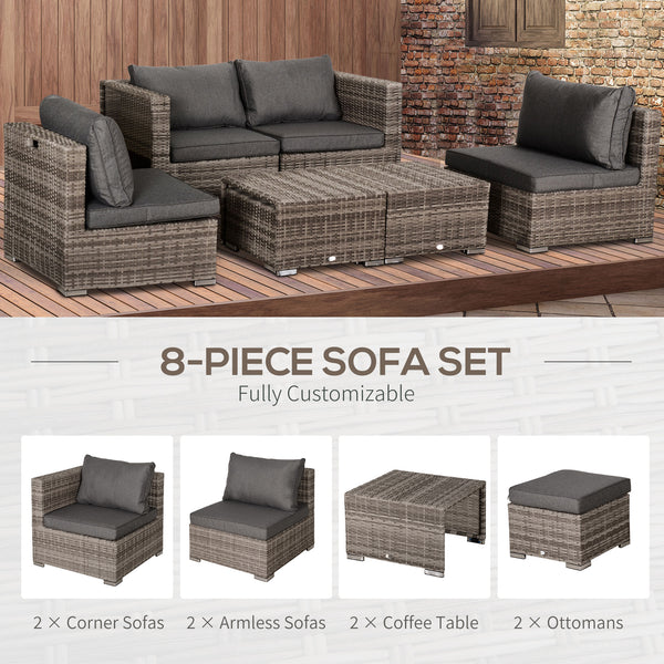 8 Pieces Patio Furniture Set, Outdoor Wicker Rattan Sofa Set Yard Conversation Seat Tea Table and Footstool Garden Patio Furniture w/ 2 Set Cushion Cover Grey & Orange