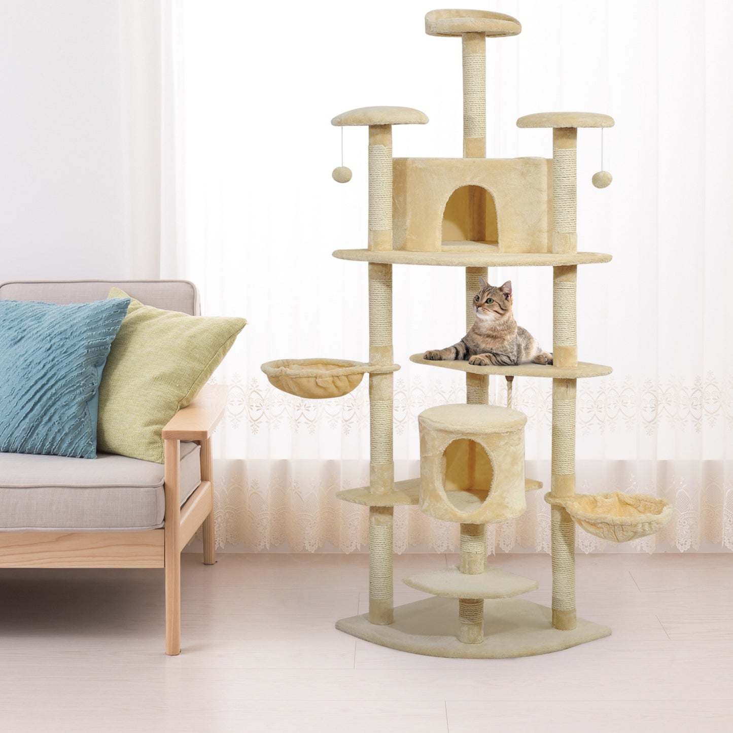79" Cat Tree with Kitten Scratching Post, Activity Center and Toys Beige