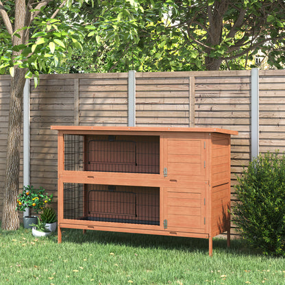 PawHut 54"L 2 étages Grand clapier Cage à lapin Maison en bois pour animaux de compagnie Habitat pour petits animaux avec portes verrouillables, bac anti-fuite et toit étanche pour extérieur/intérieur Orange