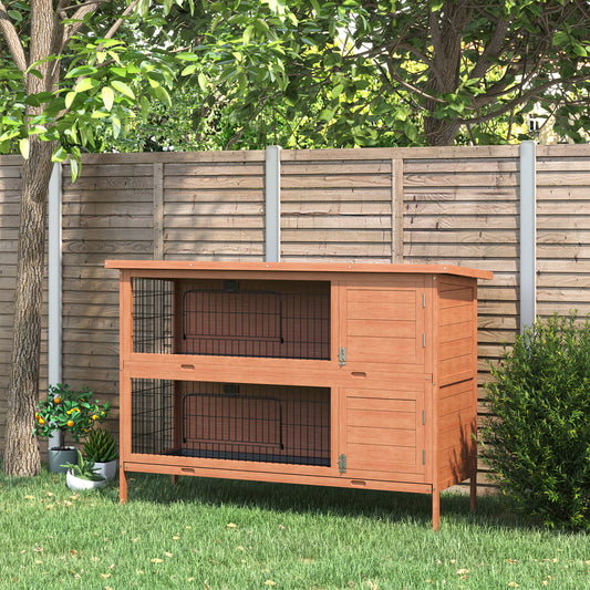 PawHut 54"L 2 Tier Large Rabbit Hutch Cage Wooden Pet House Small Animal Habitat with Lockable Doors, Escape Proof Tray and Waterproof Roof for Outdoor/Indoor Orange