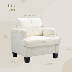 Fauteuil moderne rembourré en chenille avec structure en bois et coussin de dossier, blanc crème