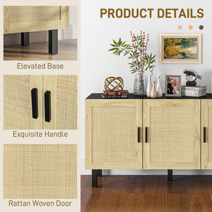 Buffet Boho avec 3 portes en rotin, meuble de cuisine avec étagères réglables, noir et naturel