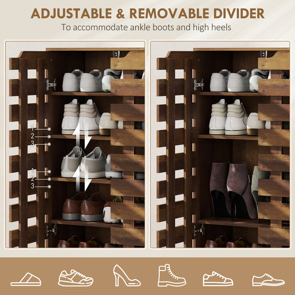 Shoe cabinet for 20 pairs of shoes with slatted doors, aged brown