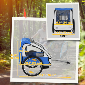 2-seater bicycle trailer with sturdy steel frame, 5-point safety harness, blue